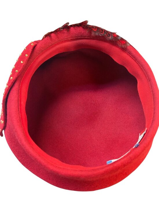 Vintage Mr. John Classic Red Feather Accent Mid Century Gold Stud Hat Church